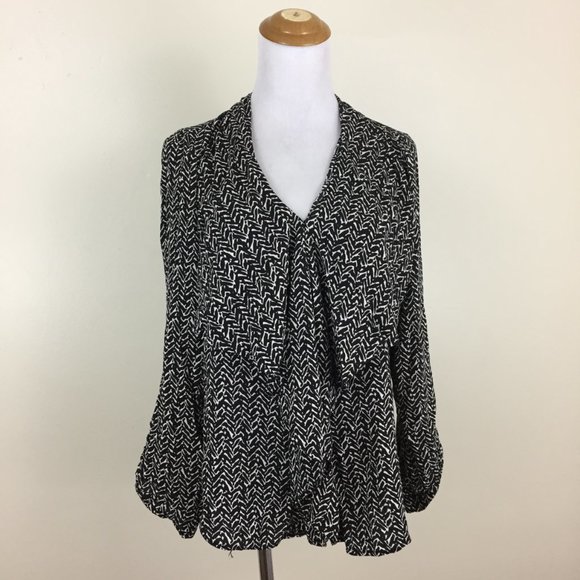 11-1 TYLHO Anthropologie Black White Print Ruffle Front Long Sleeve Button Shirt - Picture 5 of 8